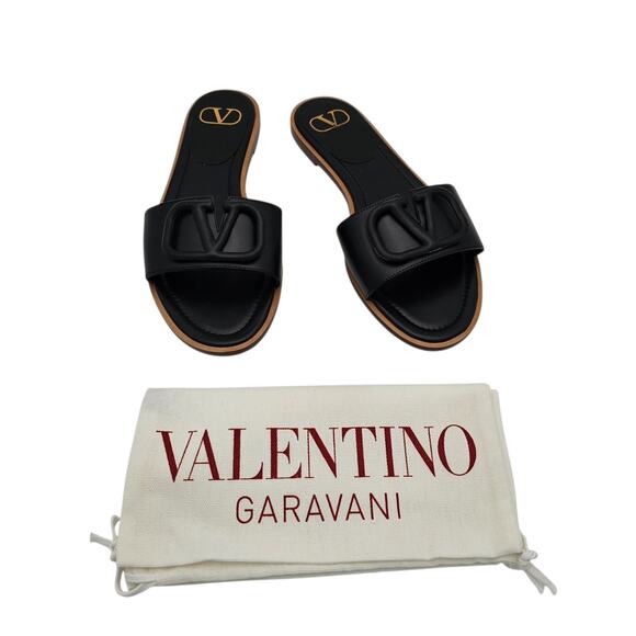Valentino Garavani VLogo V Logo Flat Slide Sandal Black Leather Size 39 US 9 - Picture 2 of 12